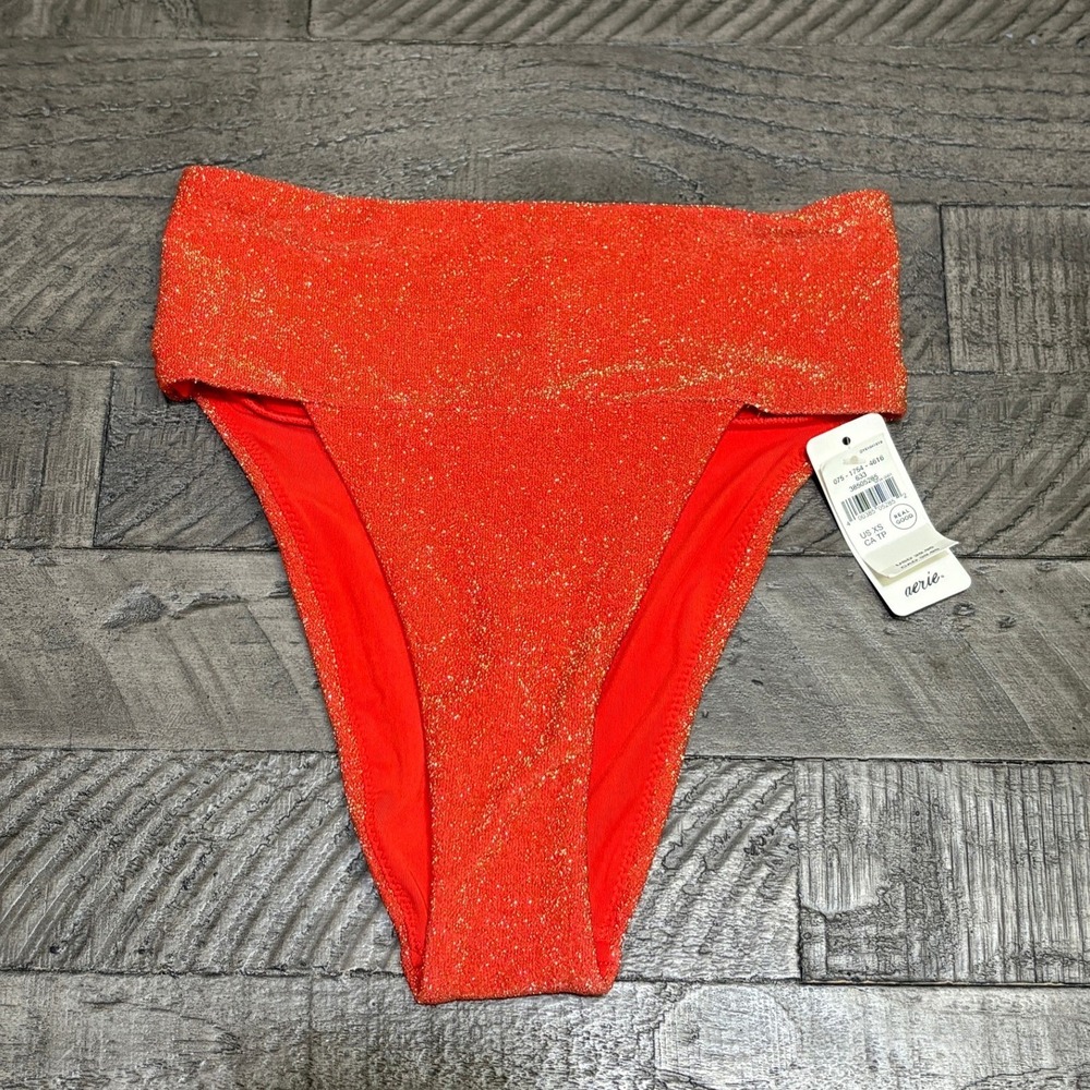 Aerie High Cut Cheeky Bikini Bottom XS Red Orange Gold Metallic Shimmer NWT